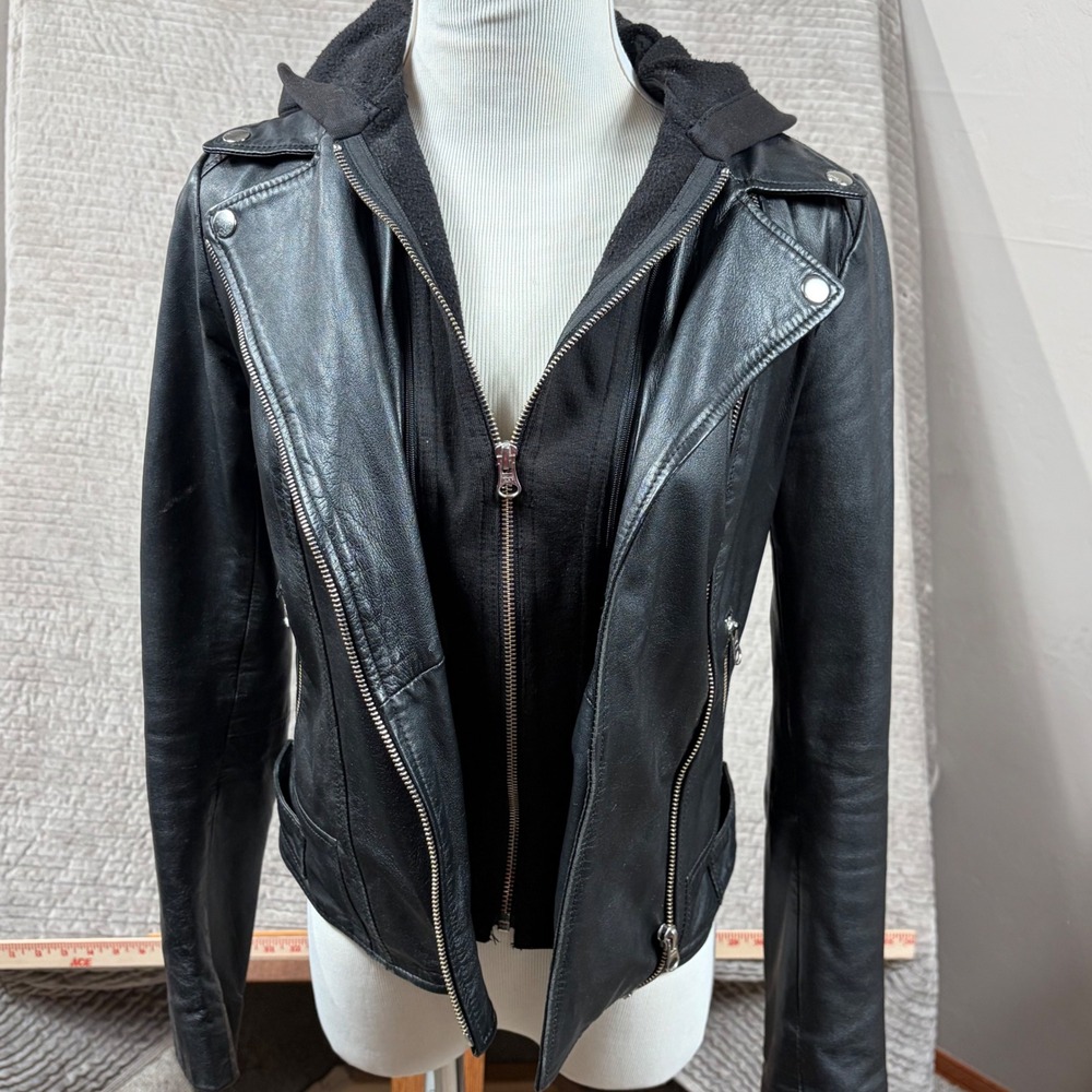 Sears Womens Black Leather Moto Jacket Hooded Layered Biker Coat XS 15012